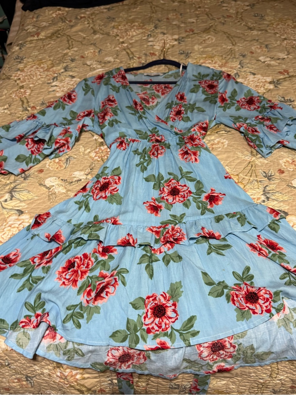 Petal & Pup Blue Floral Wrap Dress with Red Rose Print
